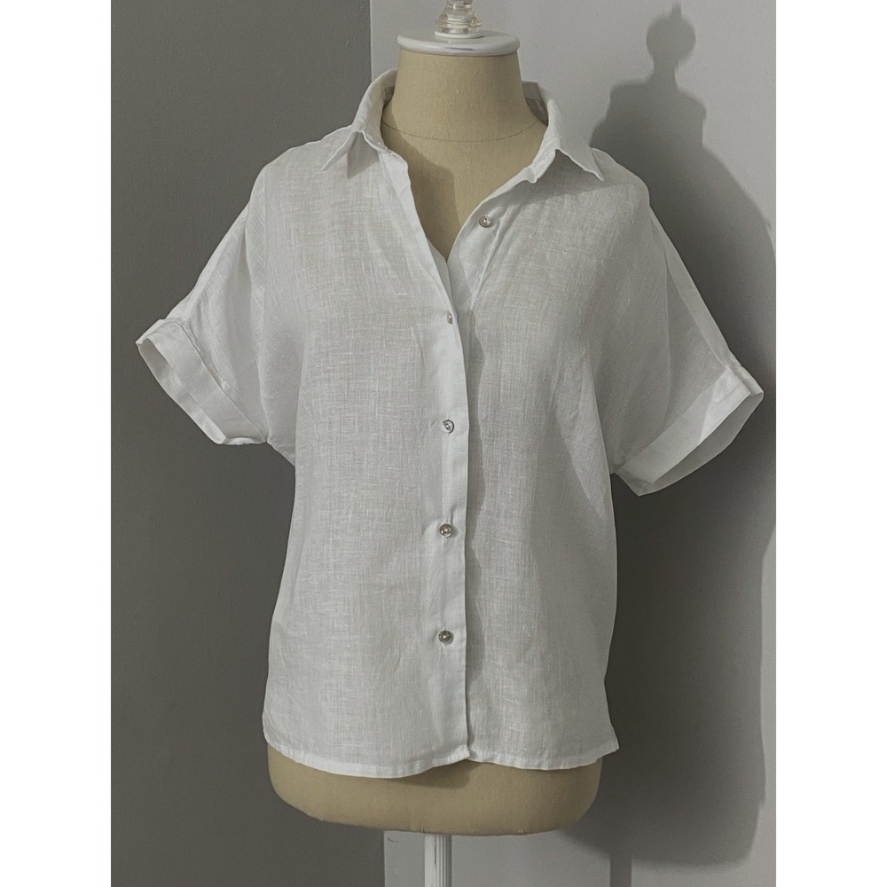 Womens 100% Linen Button Up Shirt Small White Boxy Minimalist Coastal Resort - Picture 1 of 8